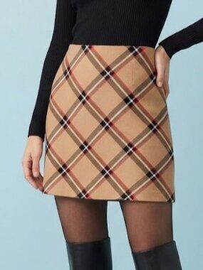 🍂 Tan Plaid Mini Skirt with Brown & Red Accents